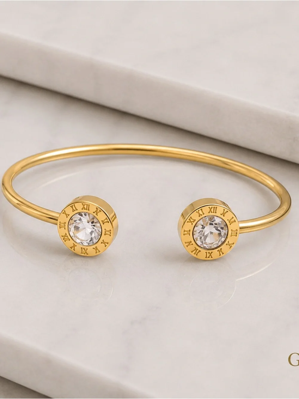 Goldfilled  Crystal Open Cuff Bracelet with Roman Numeral Accents